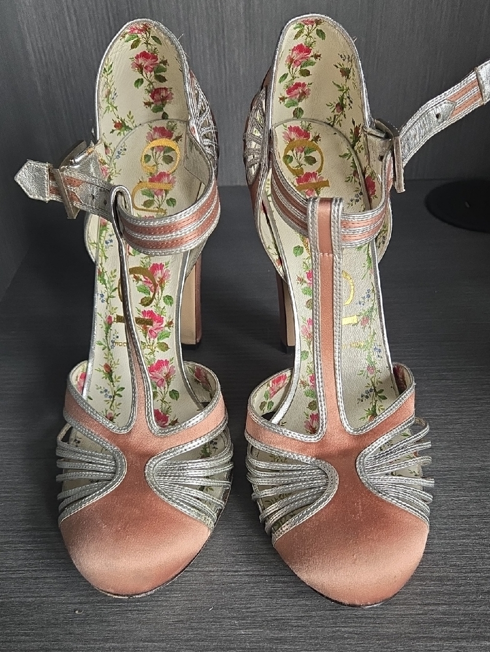 Gucci Peach Satin T-Strap Heels with Silver Trim